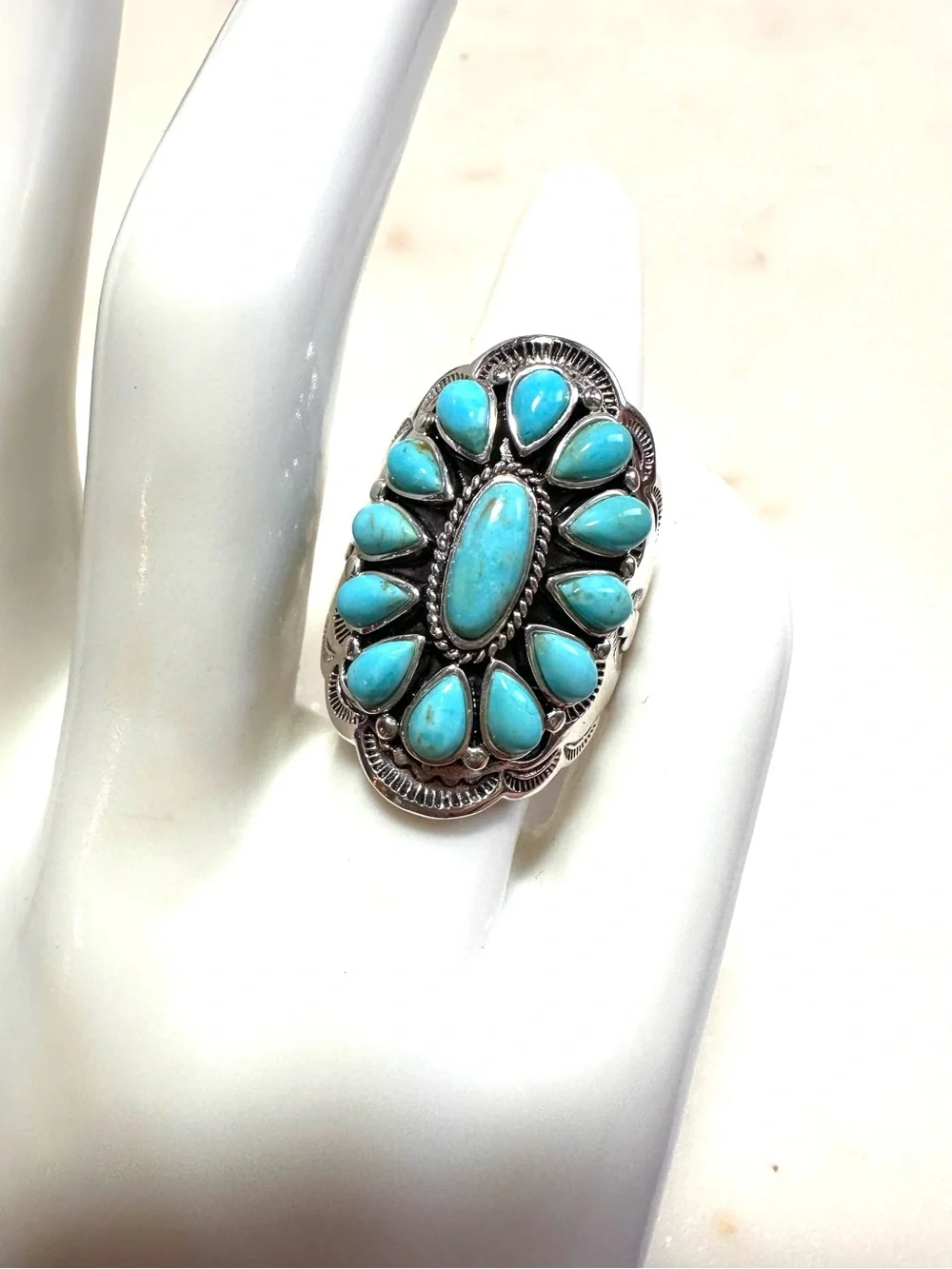 Turquoise Thai Hand-Embossed and Stamped Sterling Silver Cluster Statement Ring